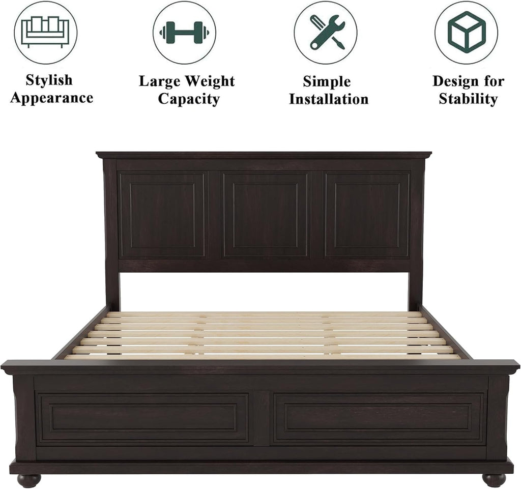 Mirightone Farmhouse King Bed Frame with High Headboard & Footboard, Solid Wood Rustic Bedroom Furniture Set with USB Charging Station, Under Bed Storage, No Box Spring Needed,Antique Brown