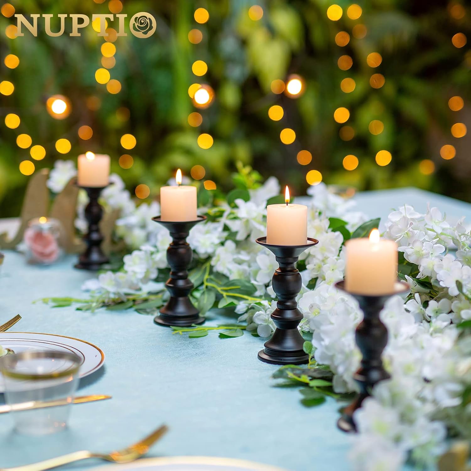 Nuptio 10 Pcs Black Candle Holders for Pillar Candles, Metal Candle Holder for 50mm Candles, Pillar Candle Holder Centerpieces for Wedding Anniversary Housewarming Christmas Party Tables