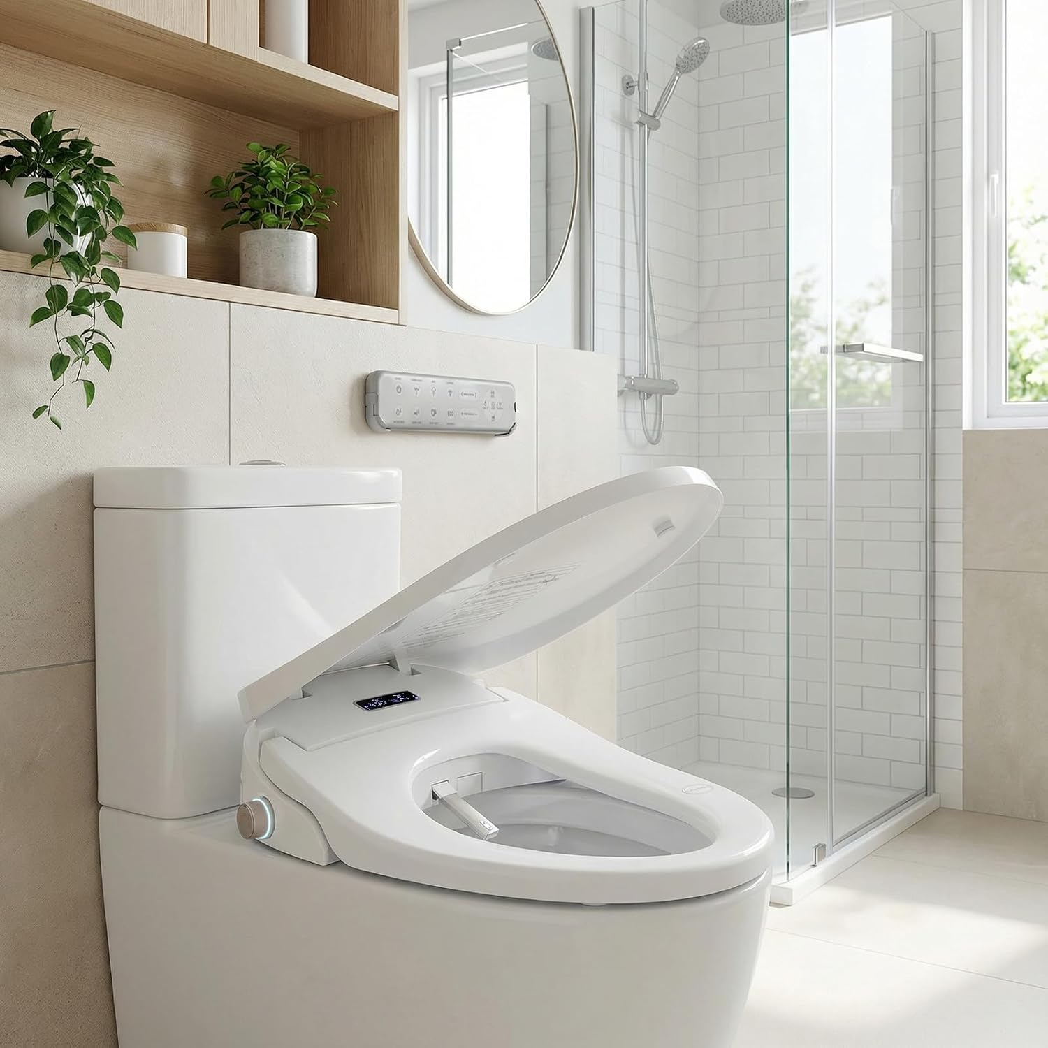 Smart Heated Toilet Seat for Elongated V-Shaped Toilets – Bidet Warm Water Wash, Self-Cleaning Nozzle, Warm Air Dryer, Deodorizer, Soft-Close Lid, LED Night Light & Remote Control, Easy Install