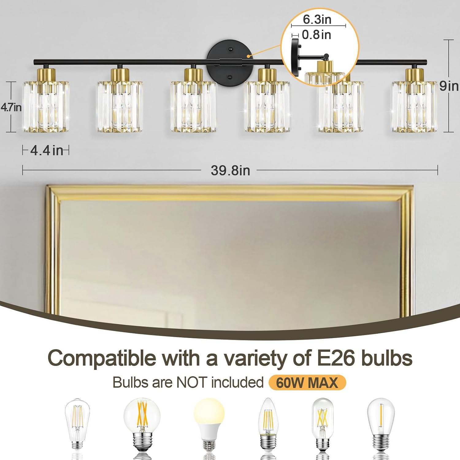 Crystal Bathroom Light Fixtures,Bathroom Lighting Fixtures Over Mirror, Modern 6-Light Brushed Nickel Vanity Lights for Mirror, Restroom,Kitchen(Ceramic E26 Socket,Bulbs Not Include)