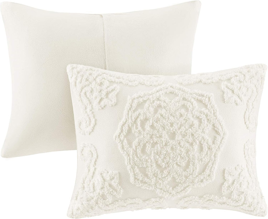 Madison Park Laetitia Comforter Bohemian Tufted Cotton Chenille, Medallion Shabby Chic All Season Down Alternative Bed Set with Matching Shams, Floral Off White King/Cal King(104'x92') 3 Piece