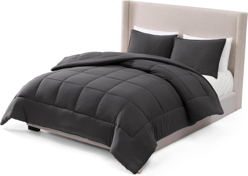 UGG Leonora Comforter Set with 2 Pillow Shams Lightweight Down Alternative Blanket Reversible Cozy Warm All Season Washable and Hypoallergenic Bedding Set, Full/Queen, Charcoal Grey
