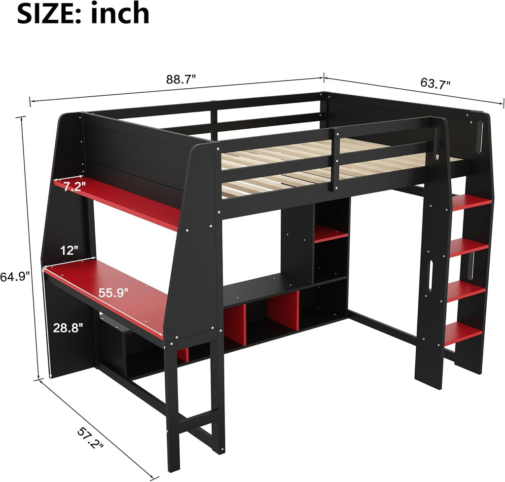 Solid Wood Gaming Loft Bed Full Size with Desk & Shelves & Hanging Rack & LED,Esports Design for PC & Console Gamers,Space Saving Loft Bed Frame with Guardrails & Ladder,No Box Spring Needed,Black
