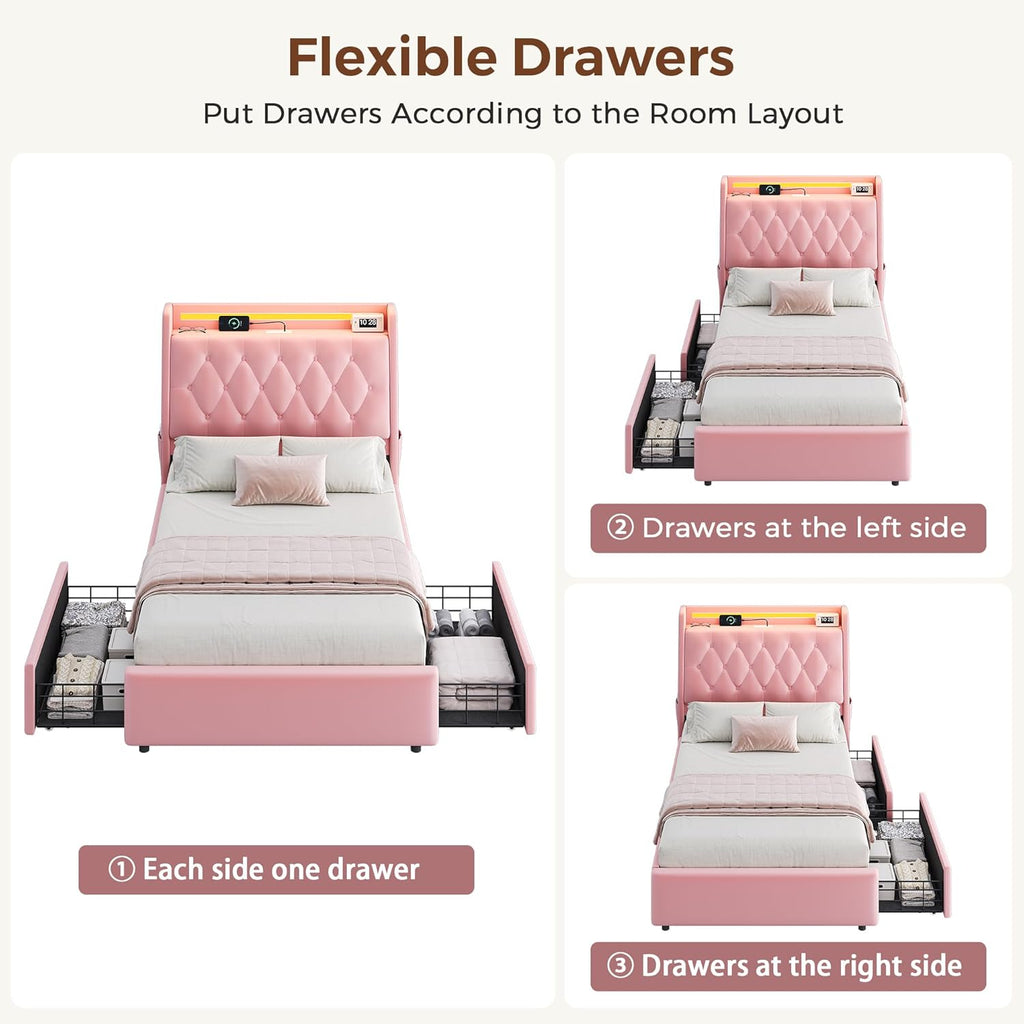 Twin LED Velvet Bed Frame with 2 Storage Drawers&Hidden Headboard, Upholstered Platform Bed with Charging Station&Button Tufted Design, Wooden Slats Support, Box Spring Optional, Easy Assembly, Pink