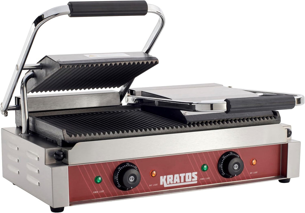 Kratos Commercial Electric Panini Sandwich Grill with Grooved Plates, 18.7' x 9' Cooking Surface, Commercial Countertop Panini Press, 120V, 3500W (29Y-023)