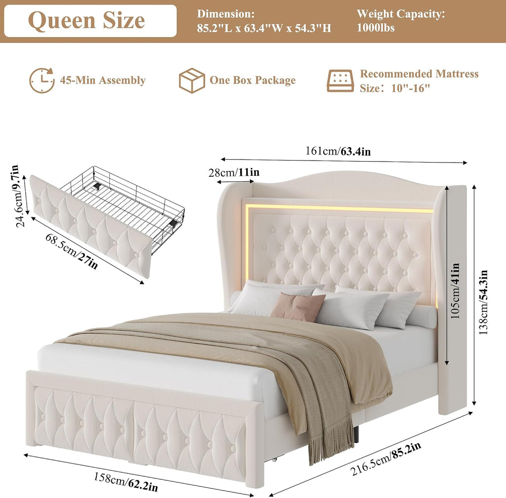 Queen Bed Frame 55' Tall Headboard with LED Lights, Buttons Tufted Velvet Upholstered Platform Bed Frame with 2 Storage Drawers, Wood Slats Support Mattress Foundation, No Box Spring Needed, Beige