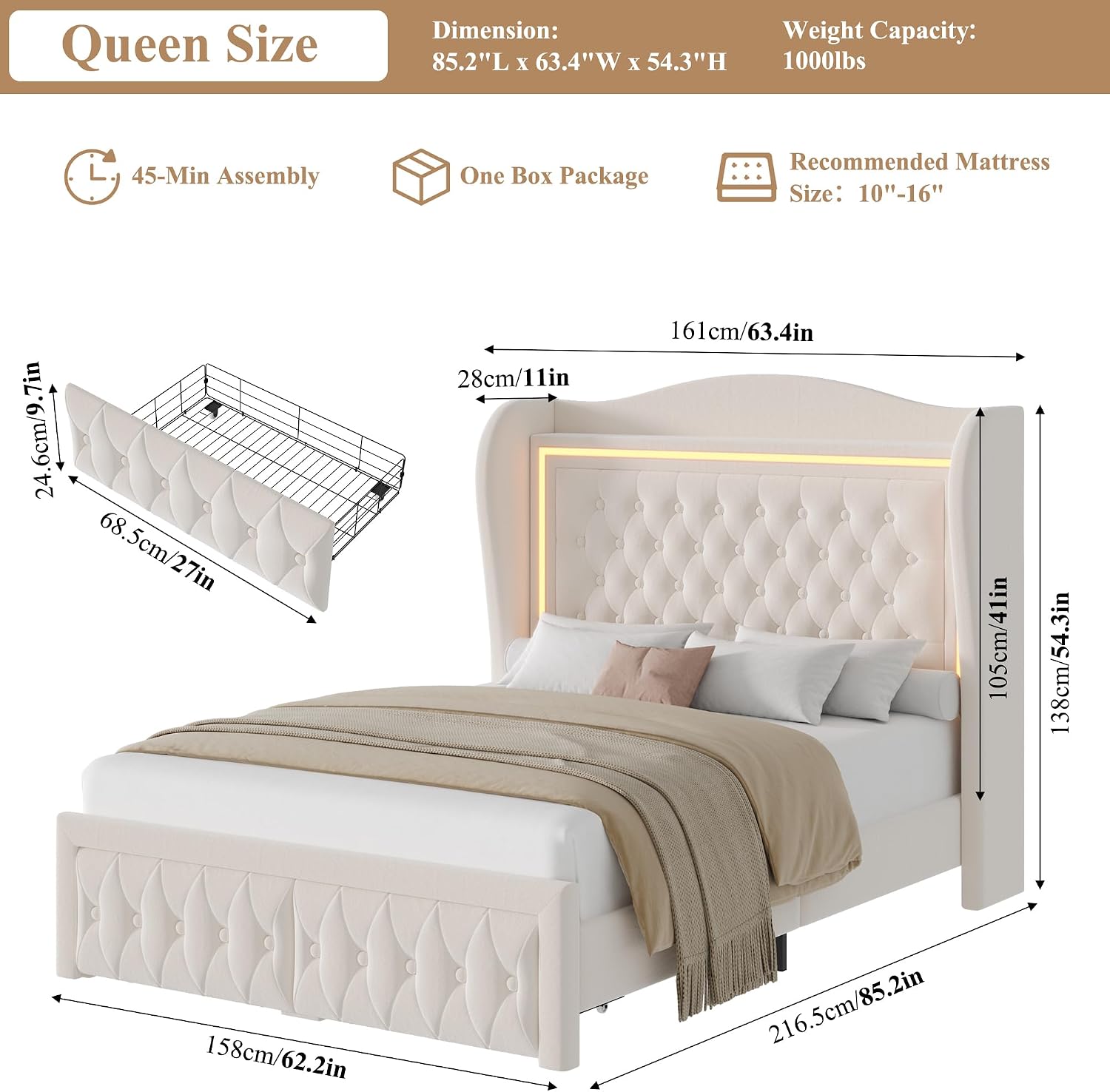 Queen Bed Frame 55' Tall Headboard with LED Lights, Buttons Tufted Velvet Upholstered Platform Bed Frame with 2 Storage Drawers, Wood Slats Support Mattress Foundation, No Box Spring Needed, Beige
