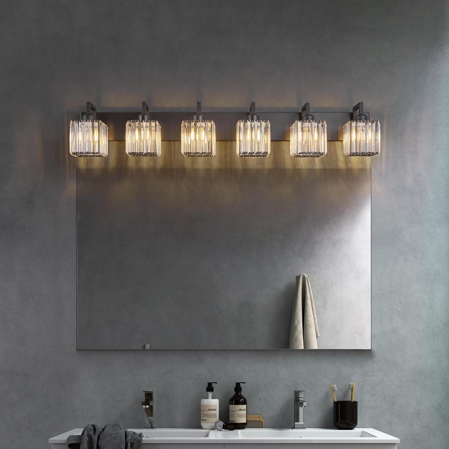 Black Bathroom Light Fixture, 6-Light Crystal Vanity Lighting, Bathroom Lighting Fixtures Over Mirror, Modern Crystal Wall Lamp