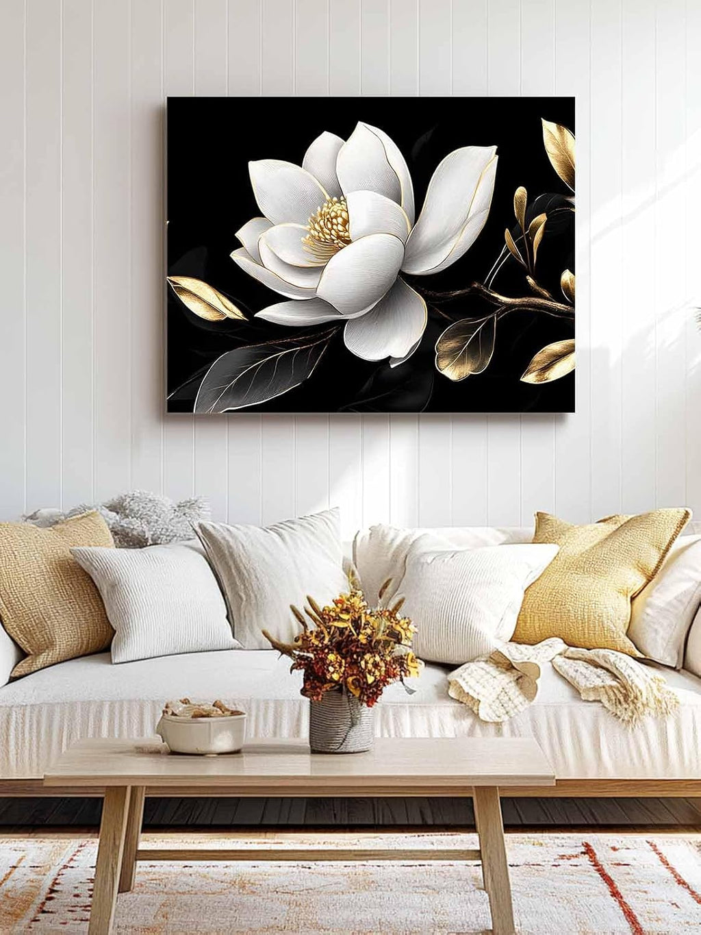 White Flowers Wall Art,Black Gold Farmhouse Floral Framed Canvas Picture Wall Decor for Living Room Bathroom Bedroom,Vintage Leaves Painting Artwork for Office Kitchen Hallway Home Decorations 20'x24'