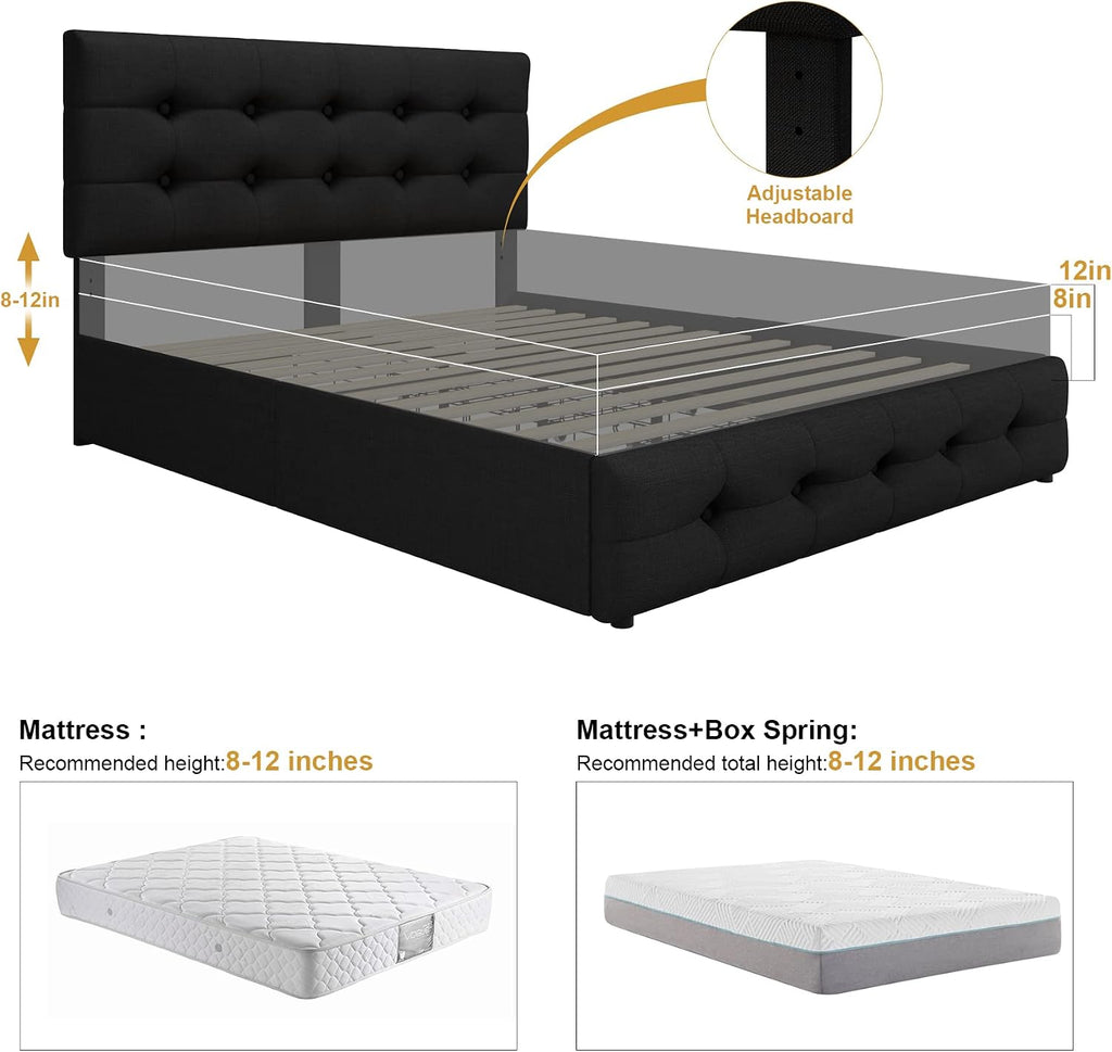 TTVIEW Full Size Bed Frame with 4 Storage Drawers and Adjustable Headboard, Upholstered Platform Bed with Button Tufted Design, Strong Wooden Slats Support, No Box Spring Needed, Black