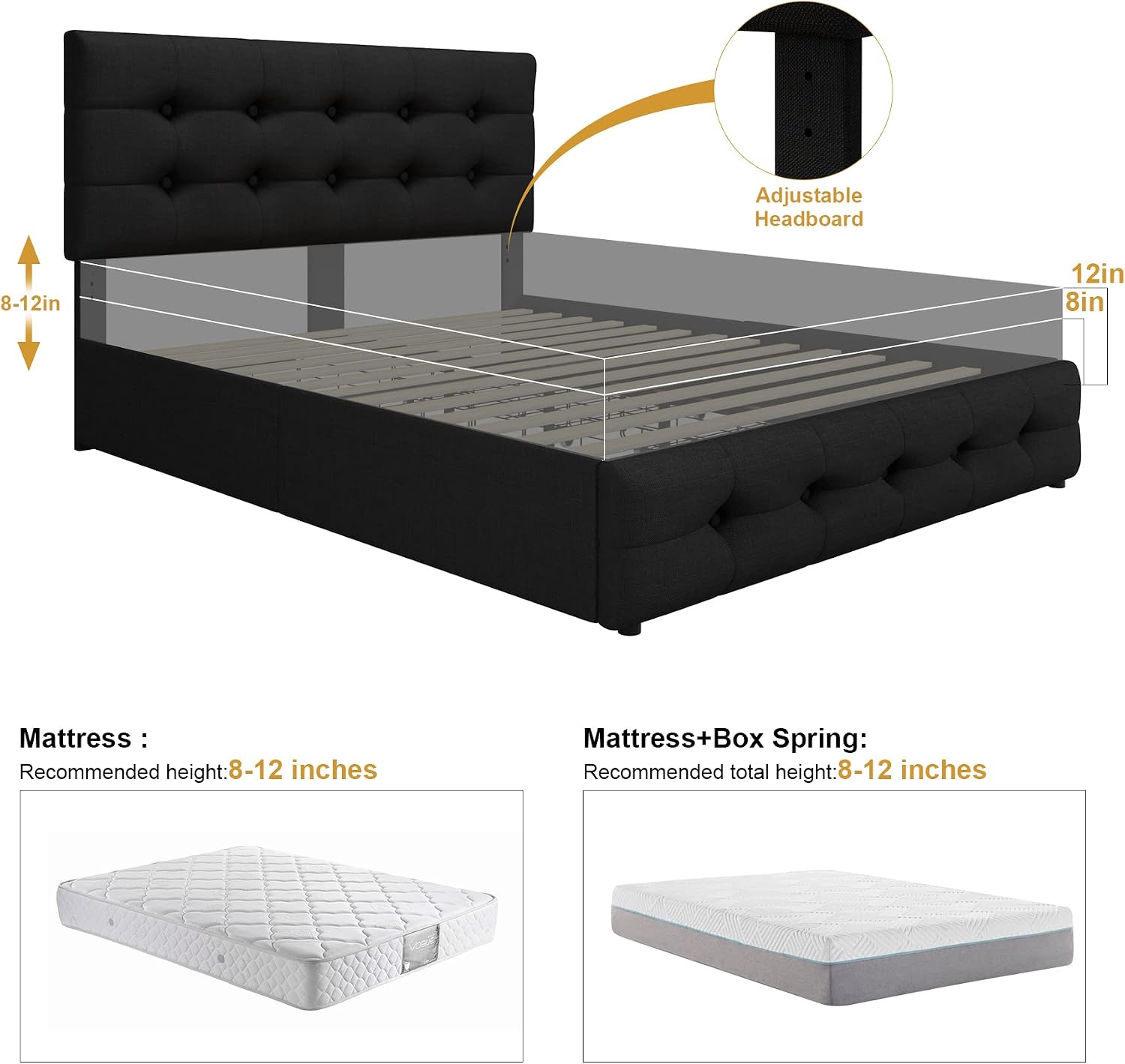 TTVIEW Full Size Bed Frame with 4 Storage Drawers and Adjustable Headboard, Upholstered Platform Bed with Button Tufted Design, Strong Wooden Slats Support, No Box Spring Needed, Black