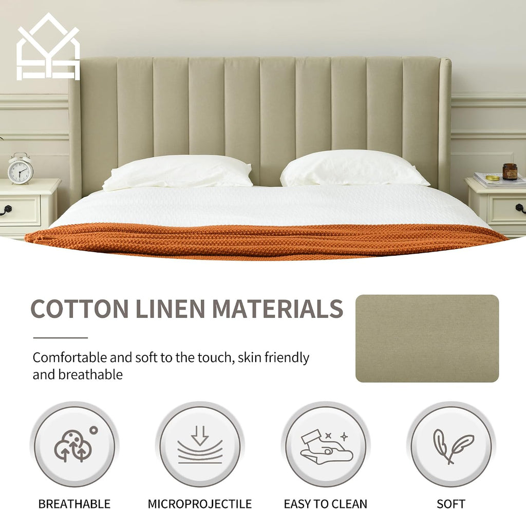 YUHUASHI upholstered Platform Bed Frame/King Bed Frame/Modern Geometric Double-Wing Design headboard/Linen Fabric/Easy to Assemble no Noise (Beige, King (U.S. Standard))