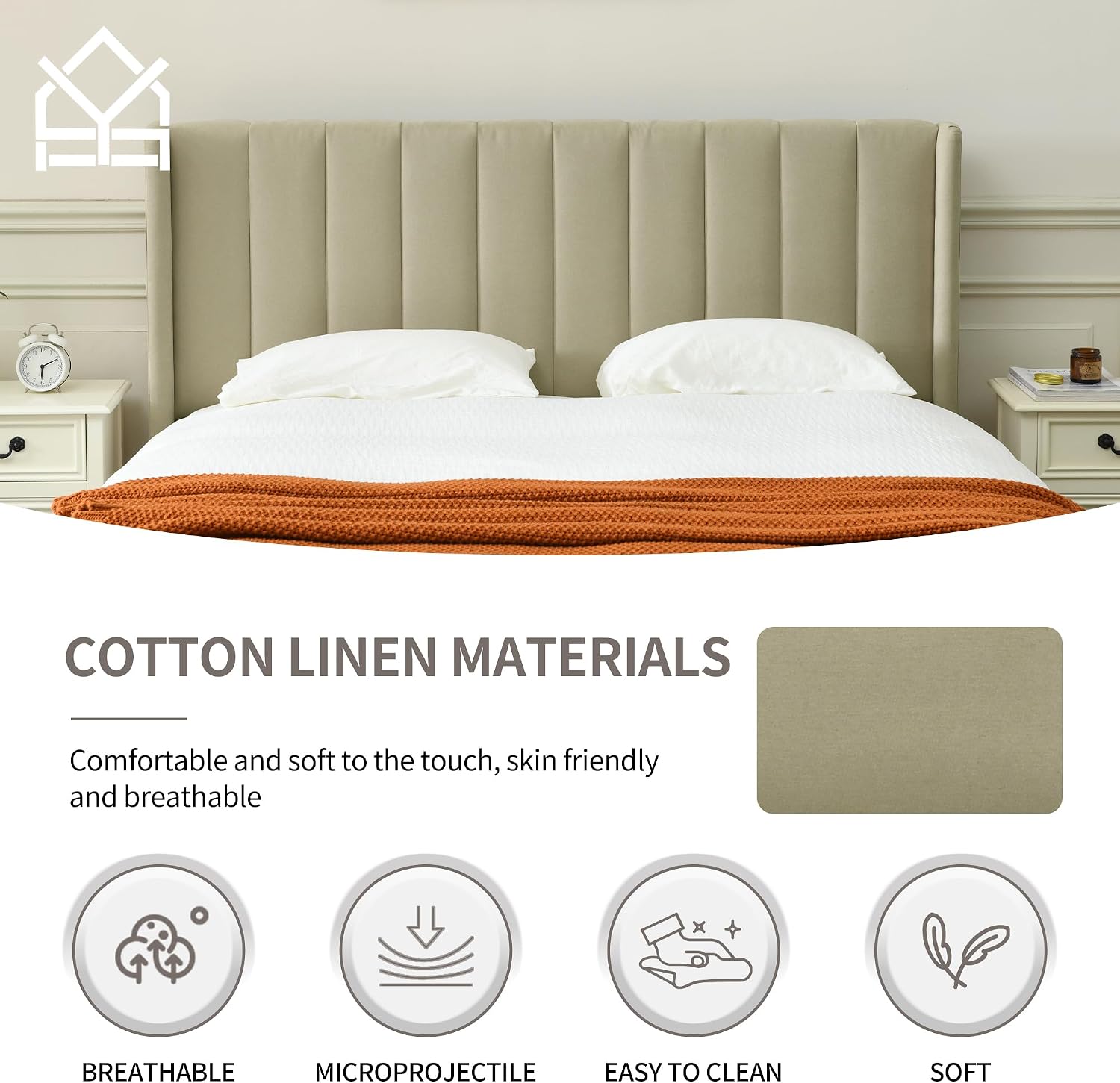 YUHUASHI upholstered Platform Bed Frame/King Bed Frame/Modern Geometric Double-Wing Design headboard/Linen Fabric/Easy to Assemble no Noise (Beige, King (U.S. Standard))
