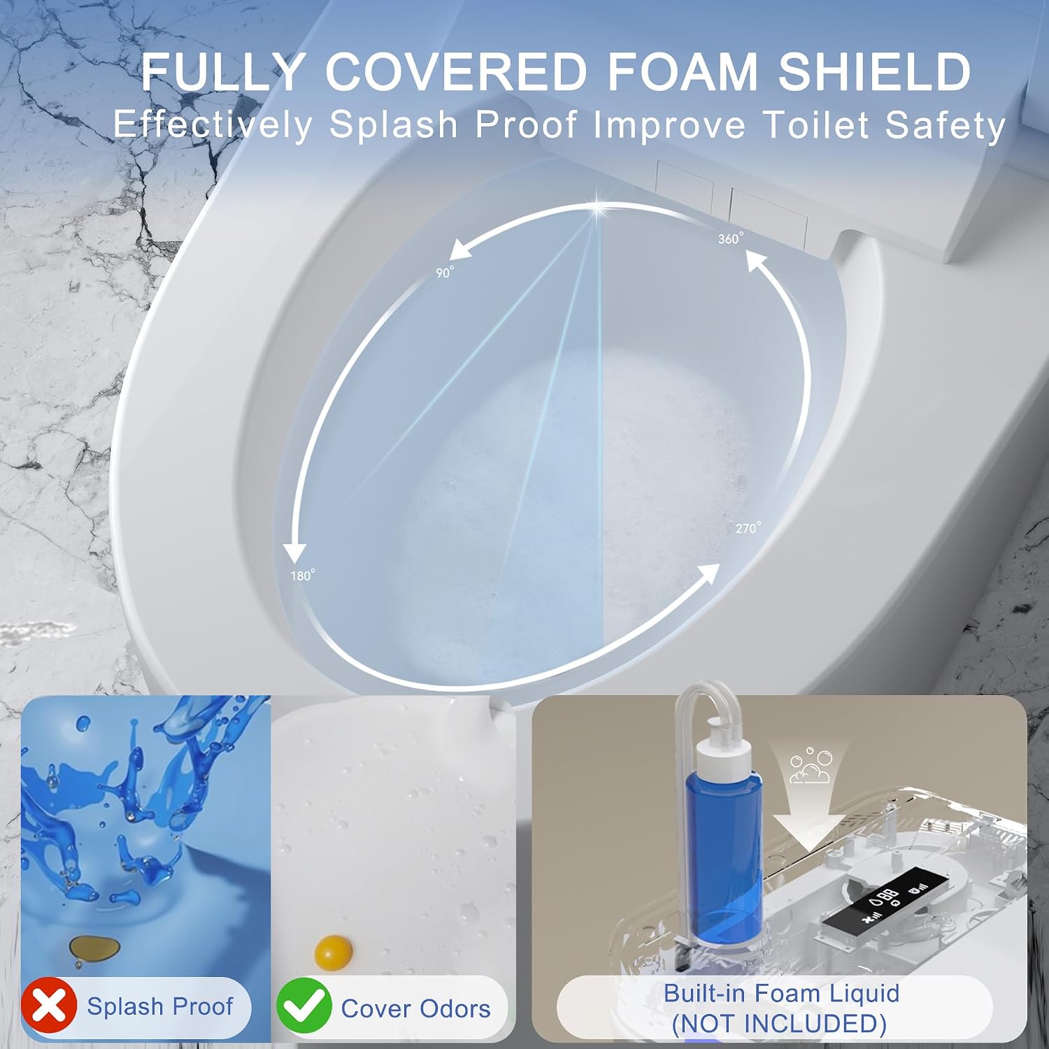 Luxury Smart Toilet with Foam Shield Auto-Open/Close Lid,One Piece Bidet Toilet Heated Seat for Bathrooms, Multiple Cleaning Modes,Aromatic Spray,Air Purification,Smart Foot Sensor