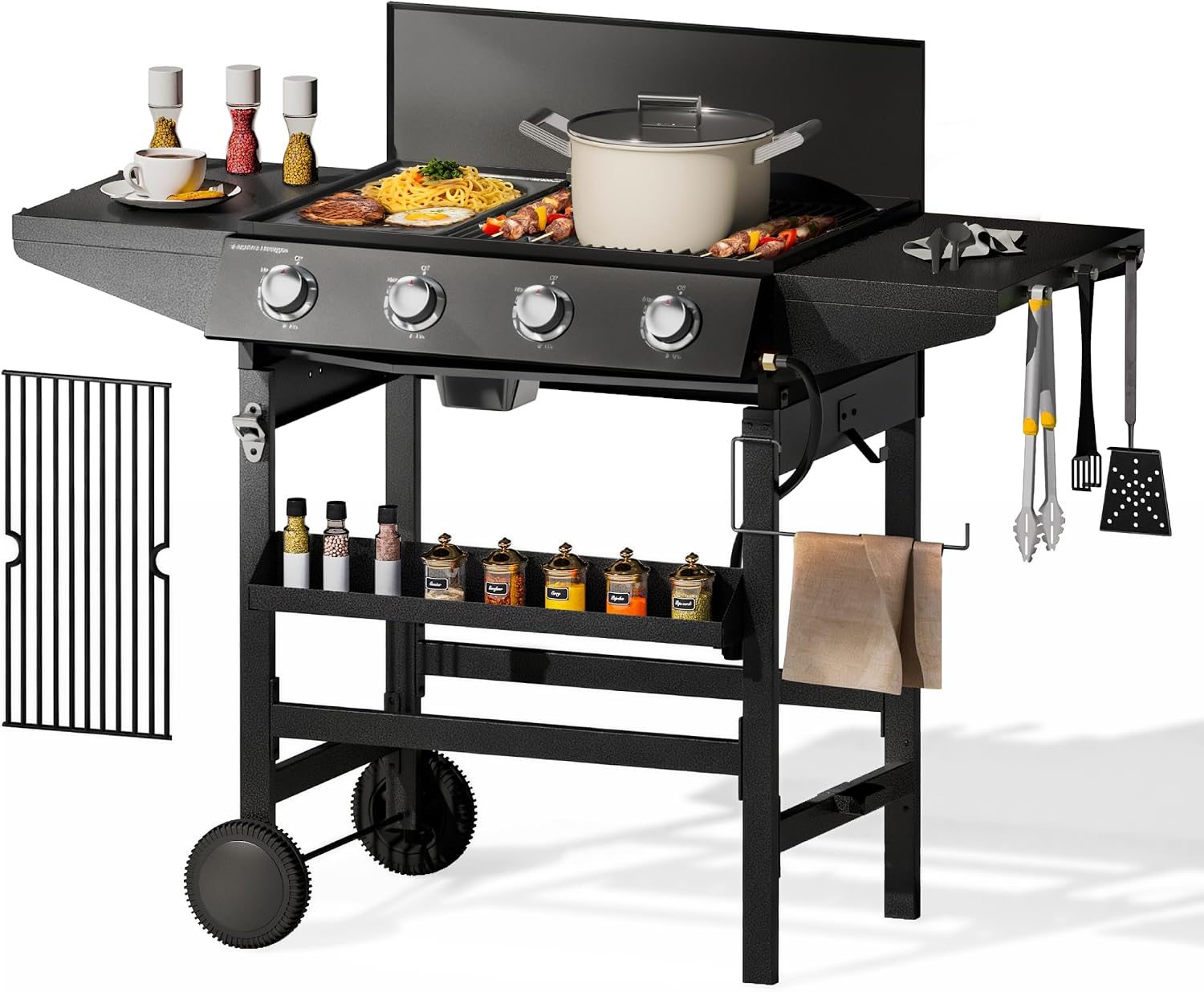 MFSTUDIO Gas Griddle Flat Top Grill, 4 Burner Propane Grill Combo with Porcelain-Enameled Cast Iron Grates, 482 SQ.IN. Cooking Area, 52,000 BTU High Output for Outdoor Patio Barbecue and Meals