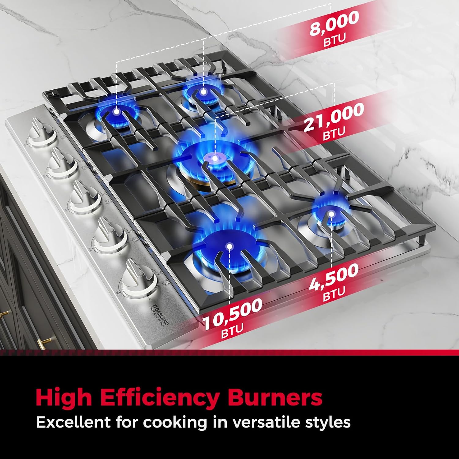 GASLAND Chef Collection 30 Inch Gas Cooktop, GH4305SF 5 Italy Burner Propane Stovetop with Backlit LED Knobs, Dishwasher Safe Grates, Reversible Cast Iron Grill/Griddle, NG/LPG Convertible, 120V