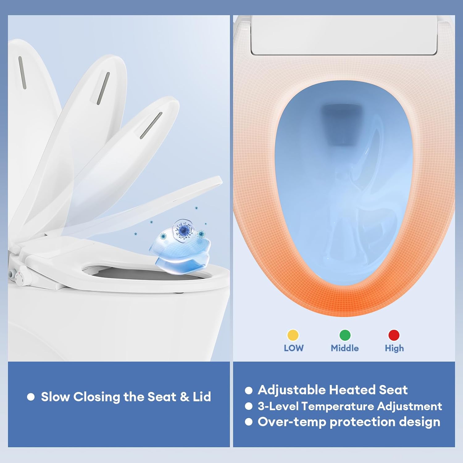 Electric Heated Bidet Toilet Seat Elongated, Smart Toilet Seat With Adjustable Warm Water Pressure, Soft Closed Lid, Night Light, Self-Cleaning Dual Nozzles For Frontal & Rear Wash E300