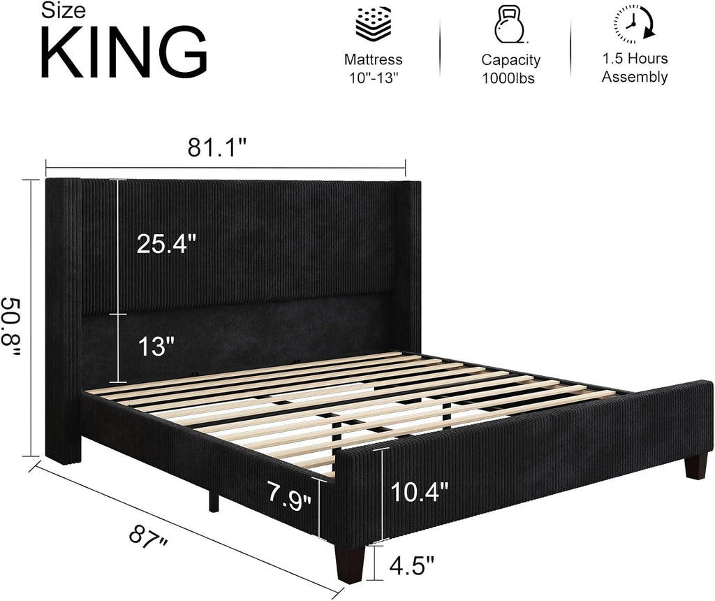 HOWE King Size Bed Frame with 50.8' Tall Wingback Headboard, Modern Corduroy Upholstered Platform Bed Frame with Solid Wood Slats & Legs, No Box Spring Needed, Noise-Reducing Design, Black