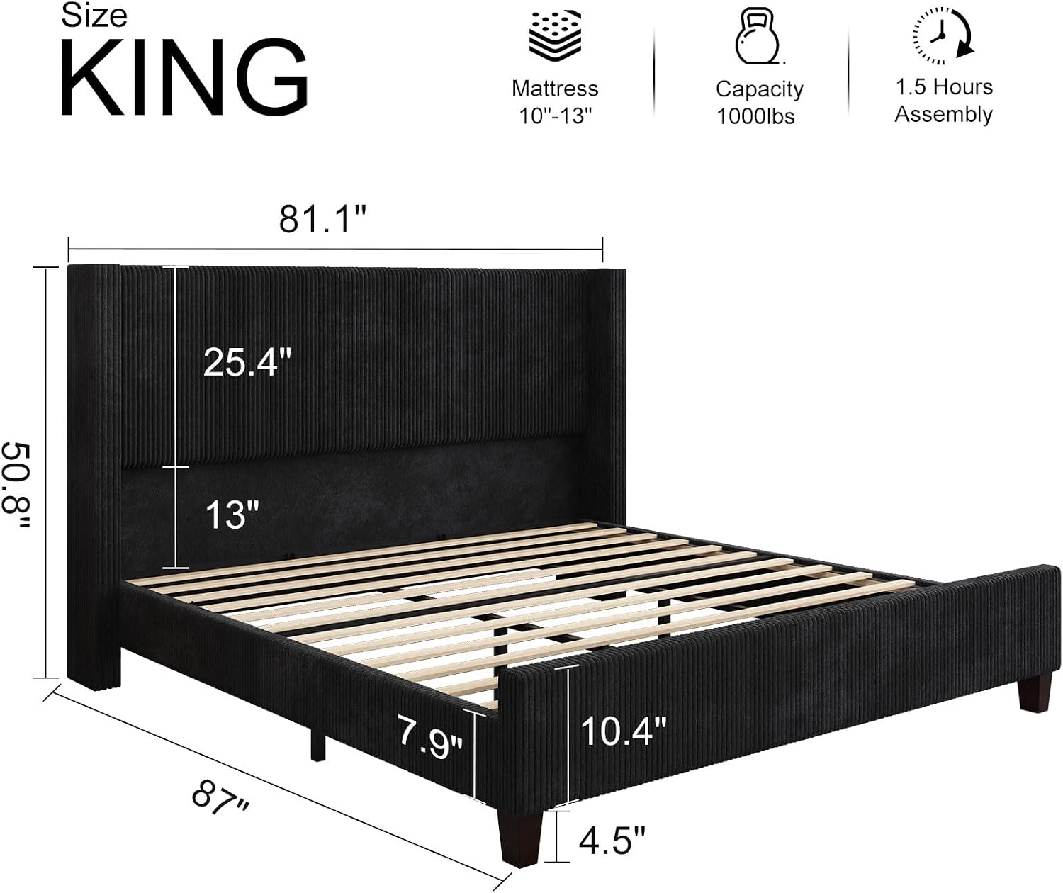 HOWE King Size Bed Frame with 50.8' Tall Wingback Headboard, Modern Corduroy Upholstered Platform Bed Frame with Solid Wood Slats & Legs, No Box Spring Needed, Noise-Reducing Design, Black