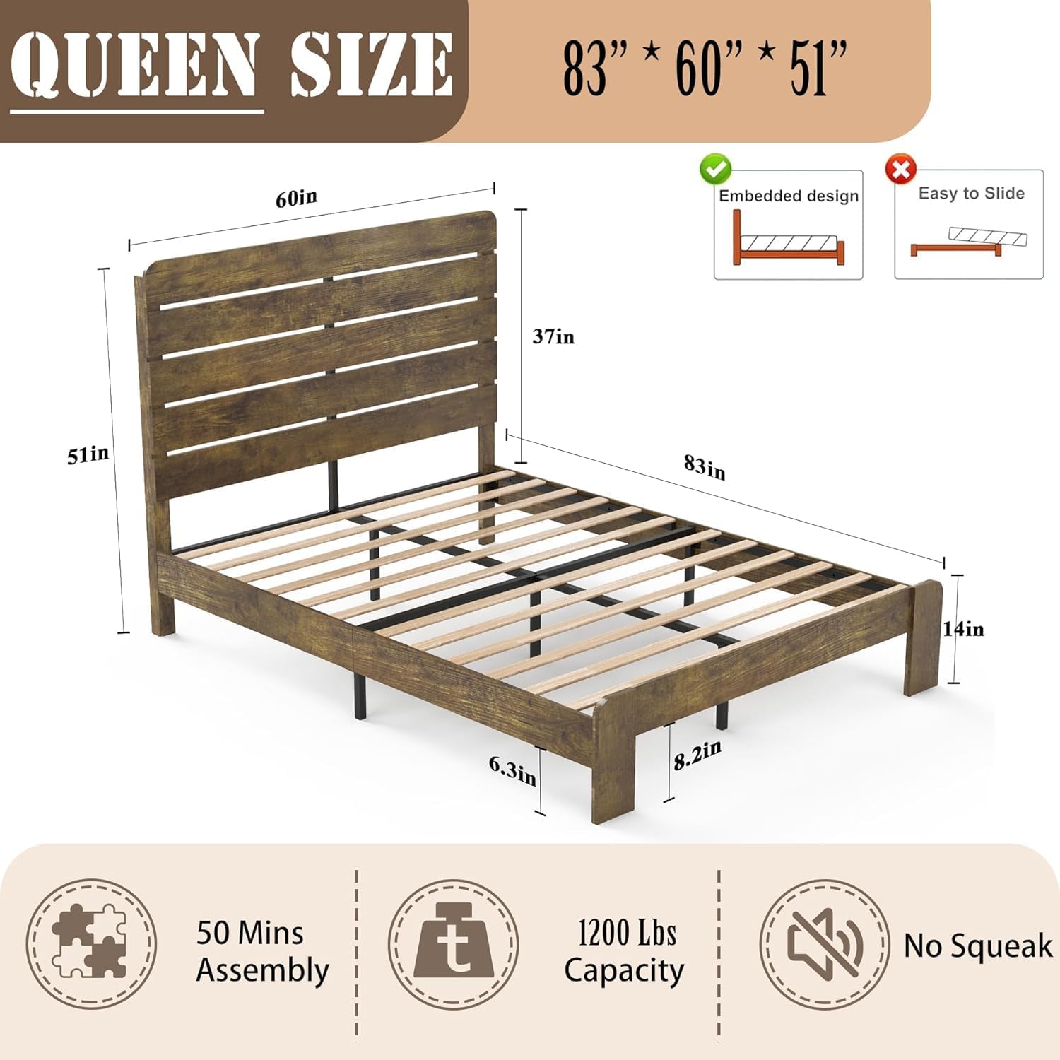 Wooden Queen Size Bed Frame with Headboard, Rustic Farmhouse Platform Bedframe with Wood Slat Support, Sturdy and No Noise, Easy Assembly (Linear Headboard/Light Brown, Queen)