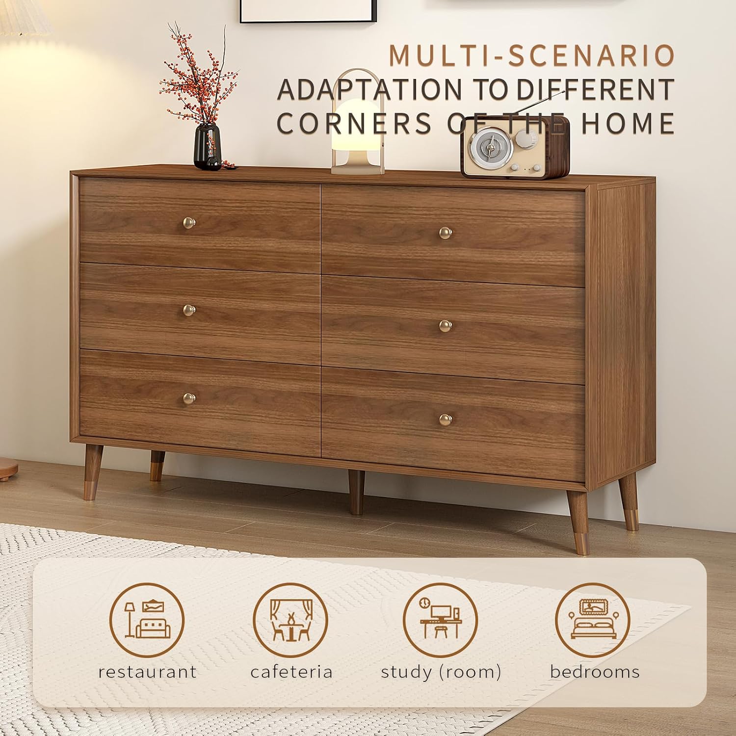 6 Drawer Dresser For Bedroom, 2 PCS 47 Inch Dresser for Closet with Walnut Frame, Modern Wood Chest of Drawers with Natural Texture & Pre-Embedded Slots For TV Stand, Living Room, Hallway, Office