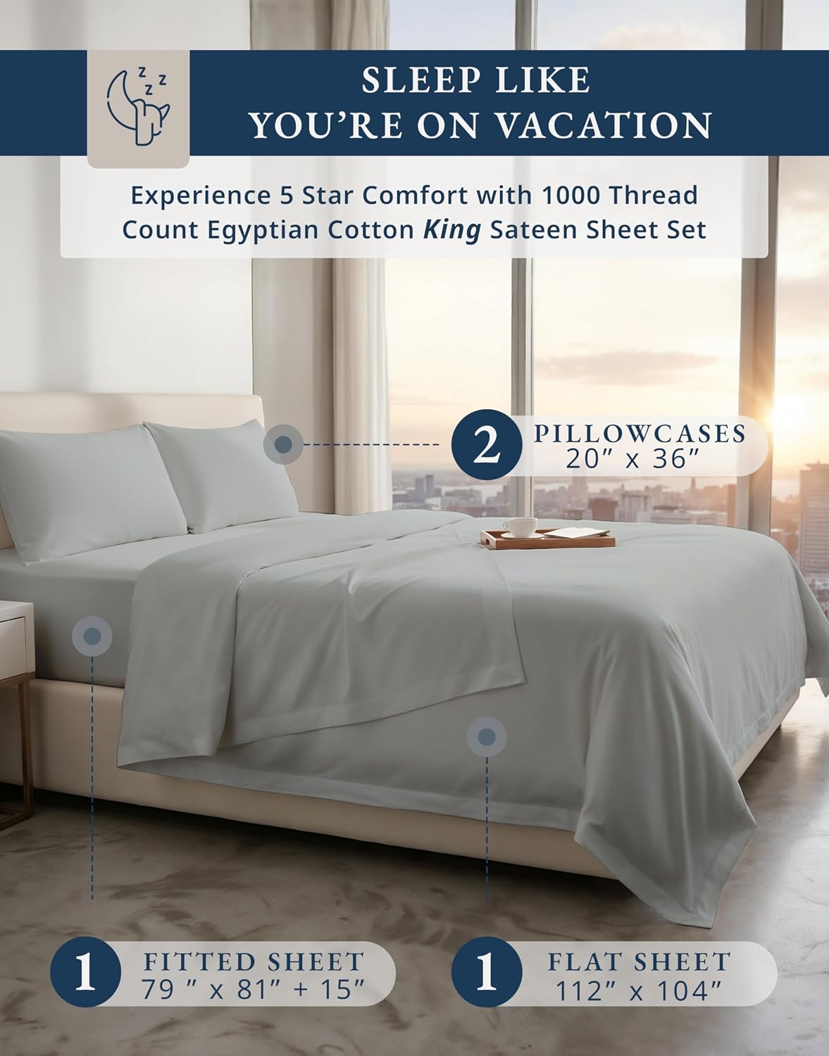 100% Egyptian Cotton Sheets King Size - 1000 Thread Count Naturally Cooling & Breathable Sateen King Size Sheets Set, Ultra-Soft & Durable Hotel Luxury Sheets with 15' Snug Fit Deep Pockets - Silver
