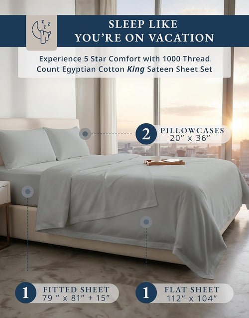 100% Egyptian Cotton Sheets King Size - 1000 Thread Count Naturally Cooling & Breathable Sateen King Size Sheets Set, Ultra-Soft & Durable Hotel Luxury Sheets with 15' Snug Fit Deep Pockets - Silver