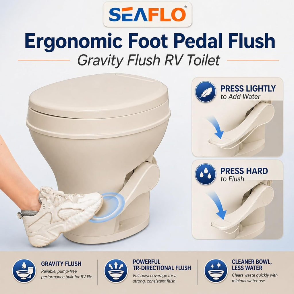SEAFLO Residential Height Bone Camper/RV Toilet with Sprayer Attachment, 18.5' Standard Height, Gravity Flush System, Pedal Operation, Soft Close Seat, 4-Year Warranty (Bone W/Sprayer Attachment)