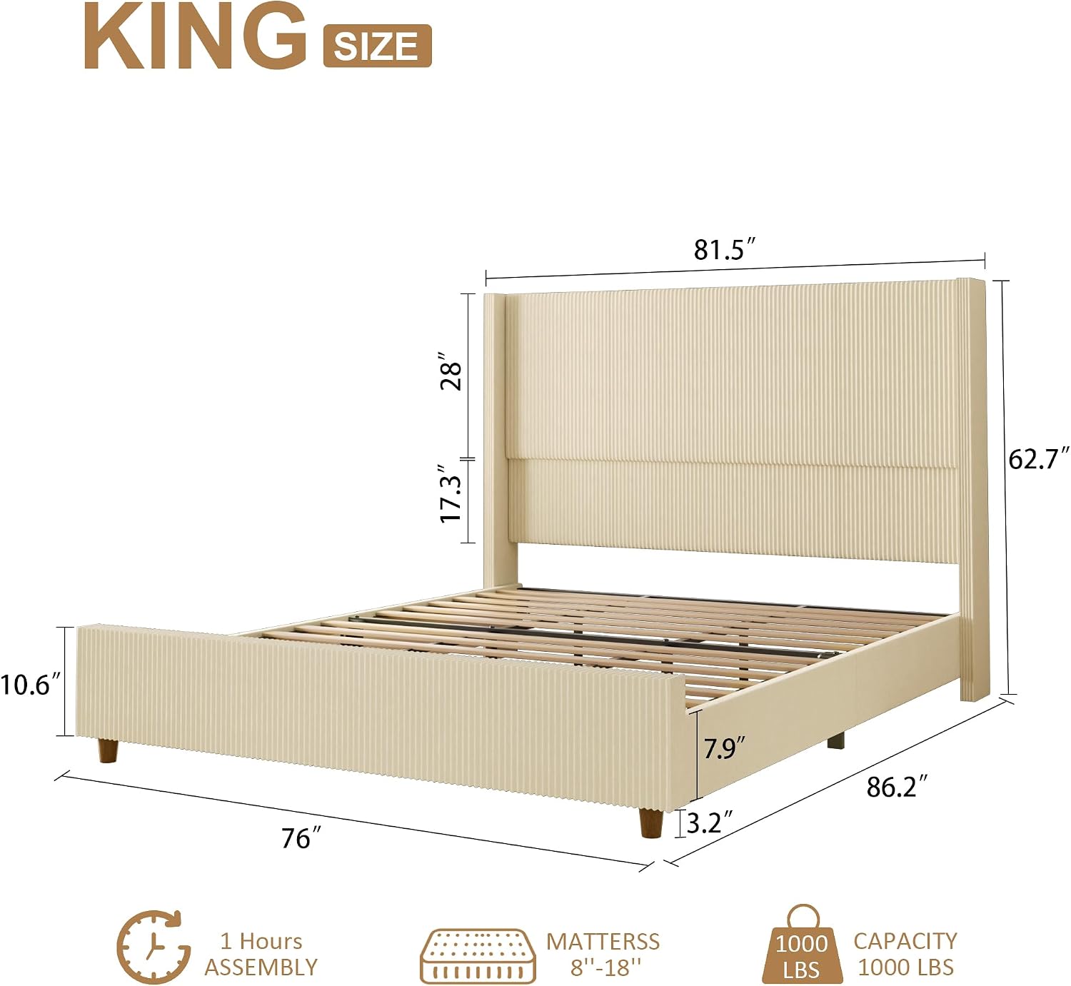 Sismplly 62'' Tall King Size Bed Frame with Corduroy Upholstered Platform Bed, Extra Wingback Headboard and Vertical Stripe, Box Spring Option, Solid Wood Slats, Noise Free, Beige-Yellow