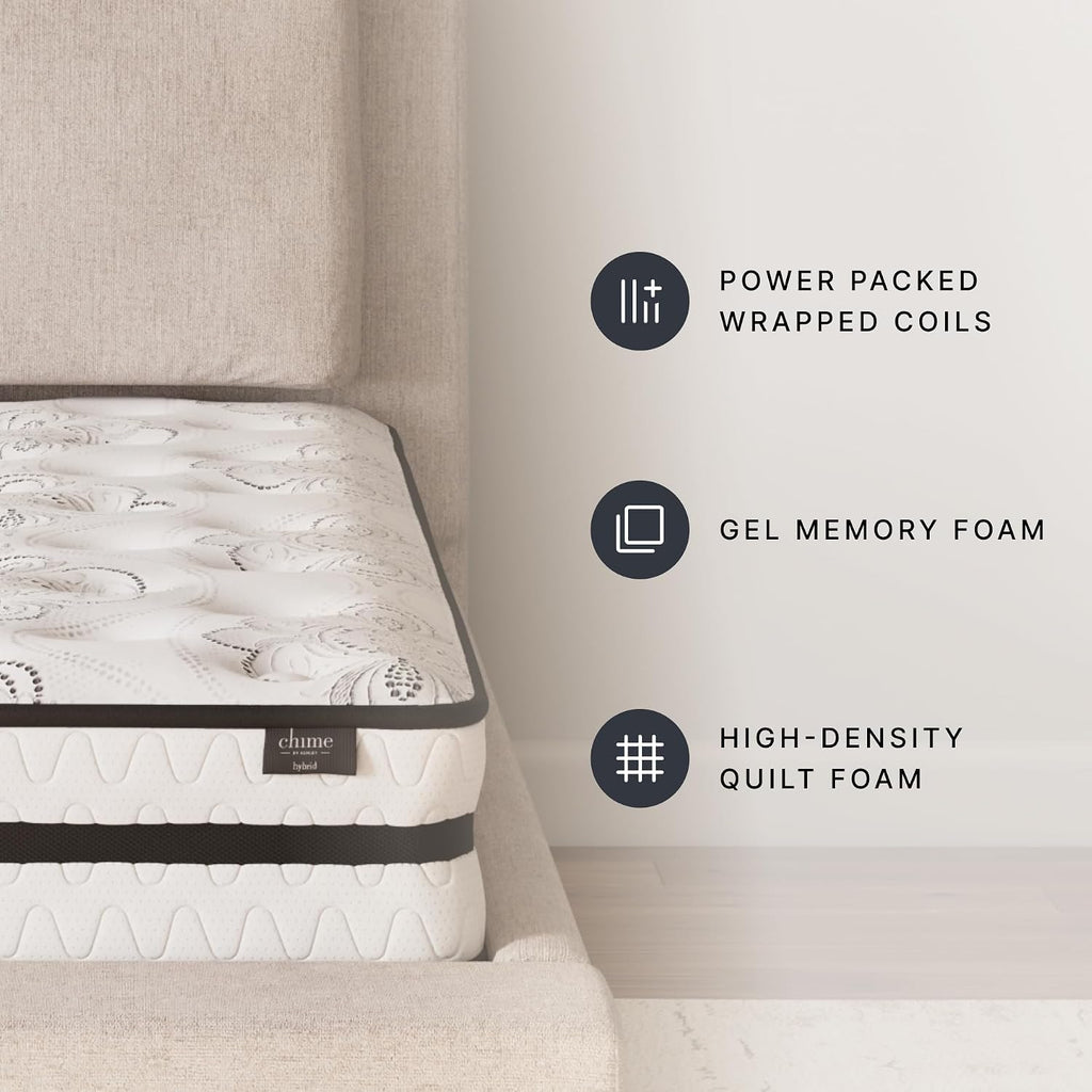 Signature Design by Ashley Queen Size Chime 10 Inch Medium Firm Hybrid Mattress with Cooling Gel Memory Foam for Pressure Relief, Fiberglass-Free, Mattress In A Box