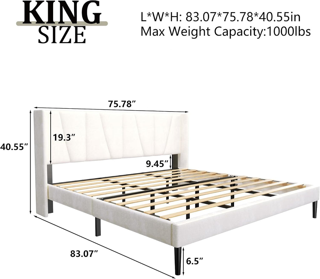 HAOARA King Bed Frame with Headboard, Velvet Upholstered Platform Bed Frames with Wingboard, Contemporary Mattress Foundation, Noise Free, No Box Spring Needed, Easy Assembly, White