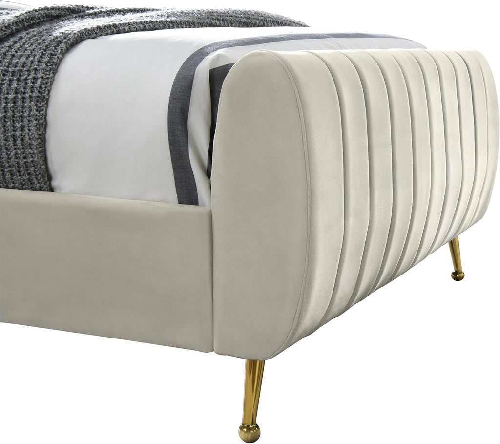 Meridian Furniture Zara Collection Modern | Contemporary Velvet Upholstered Bed with Deep Channel Tufting and Custom Gold Legs, Twin, Cream