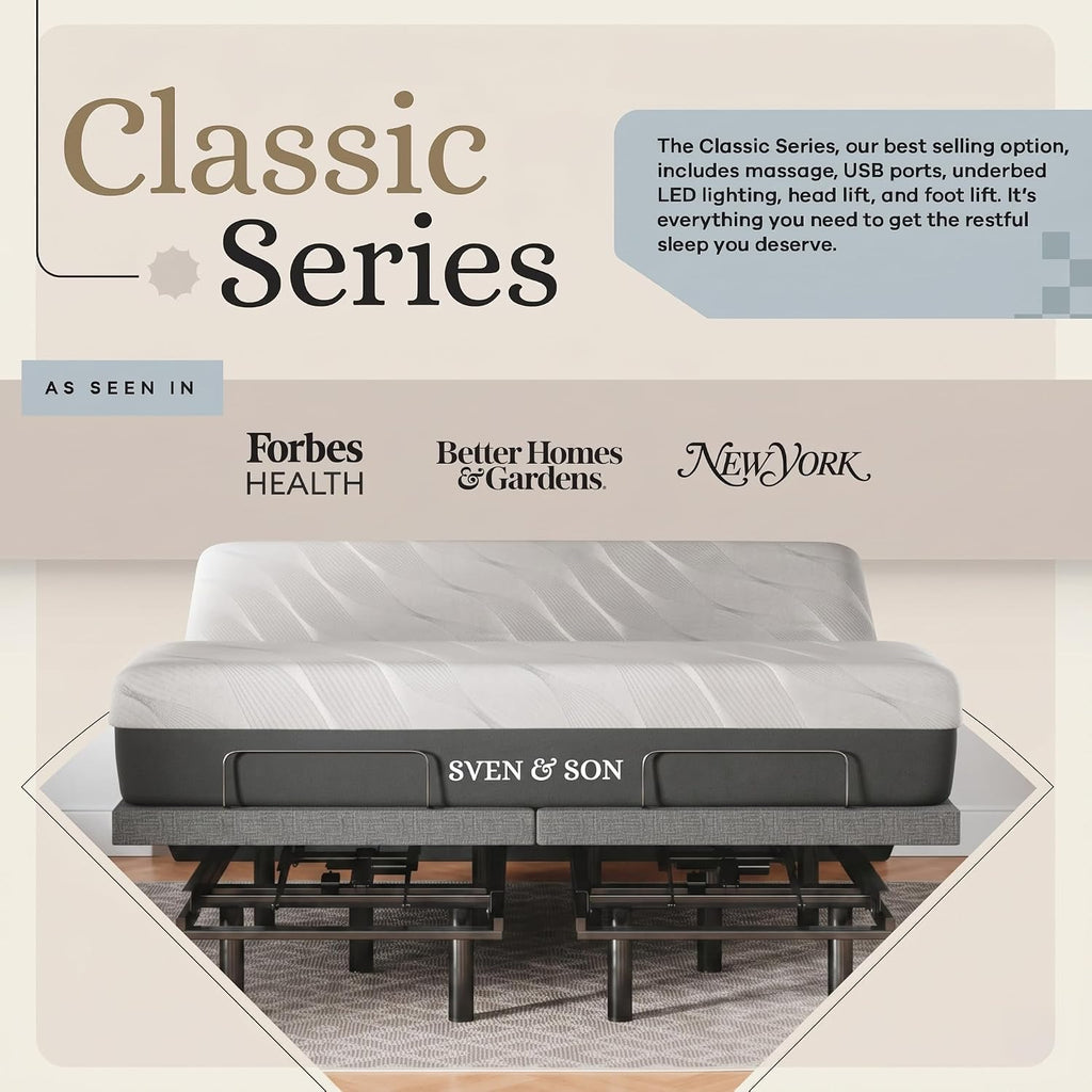 Sven & Son Classic Adjustable Bed Base, Head and Foot Lift, Massage, Under-Bed Lights, USB, Gel Memory, Zero Gravity Smart Frame - King + 12 inch Memory Foam Matt (Medium)