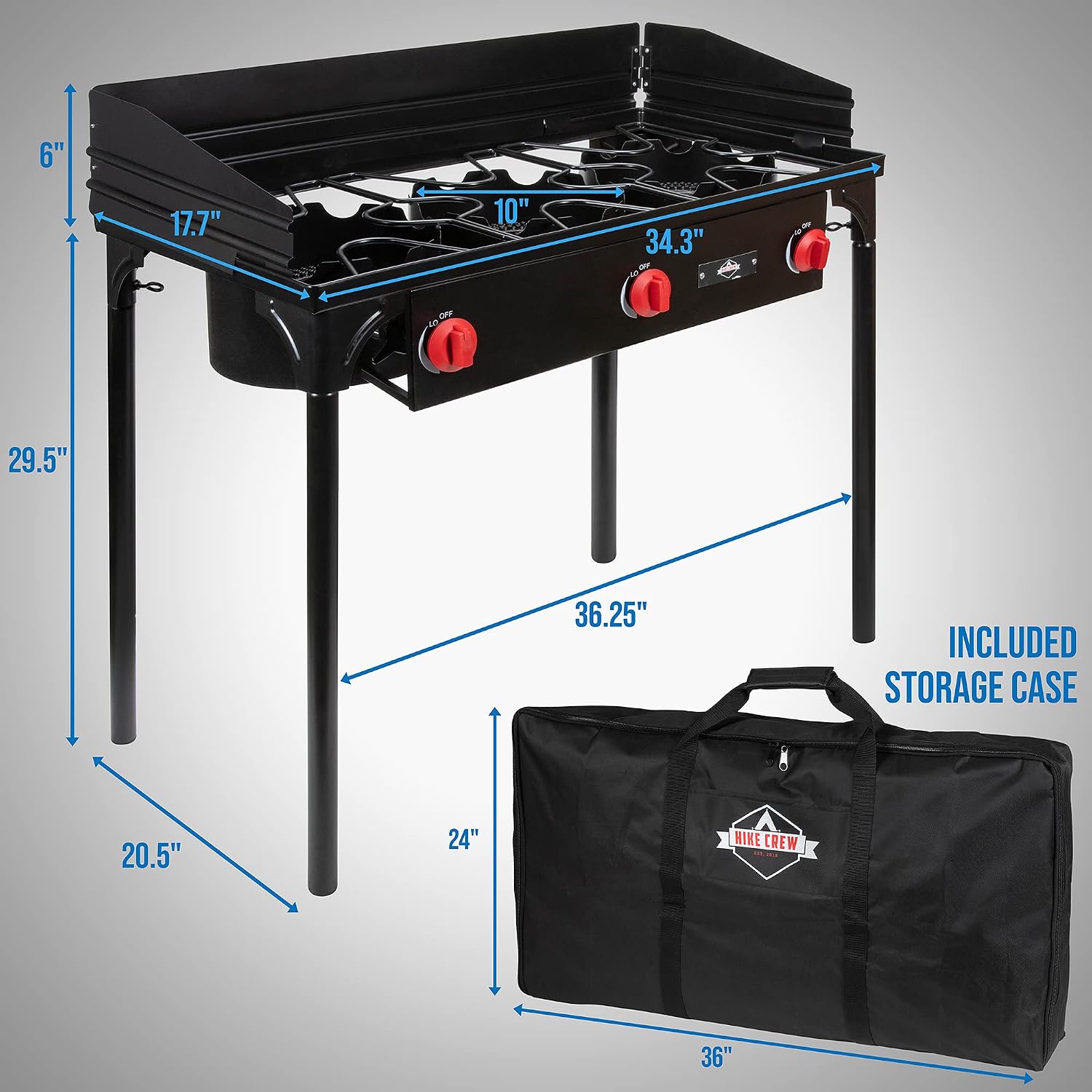 Hike Crew Cast Iron 3-Burner Outdoor Gas Stove | 225,000 BTU Portable Propane Cooktop w/Blue Flame Control, Removable Legs, Temperature Control Knobs, Wind Panel, Hose, Regulator & Storage Carry Case