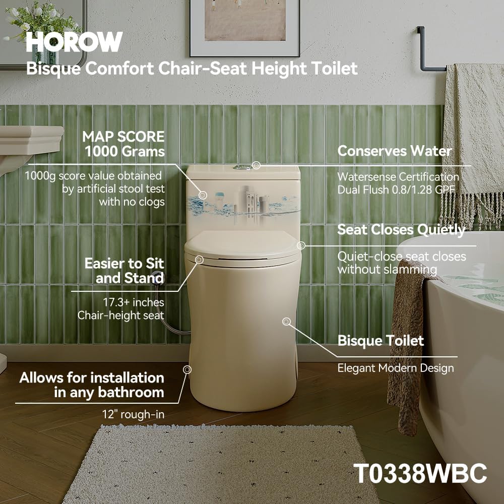 HOROW T0338WBC Elongated One Piece Toilet Bisque, ADA Toilet 17.3' with Comfortable Chair Height Seat, Modern Toilet for Bathroom, Dual Flush 0.8/1.28 GPF, 12' Rough-in Toilet Bowl Bisque