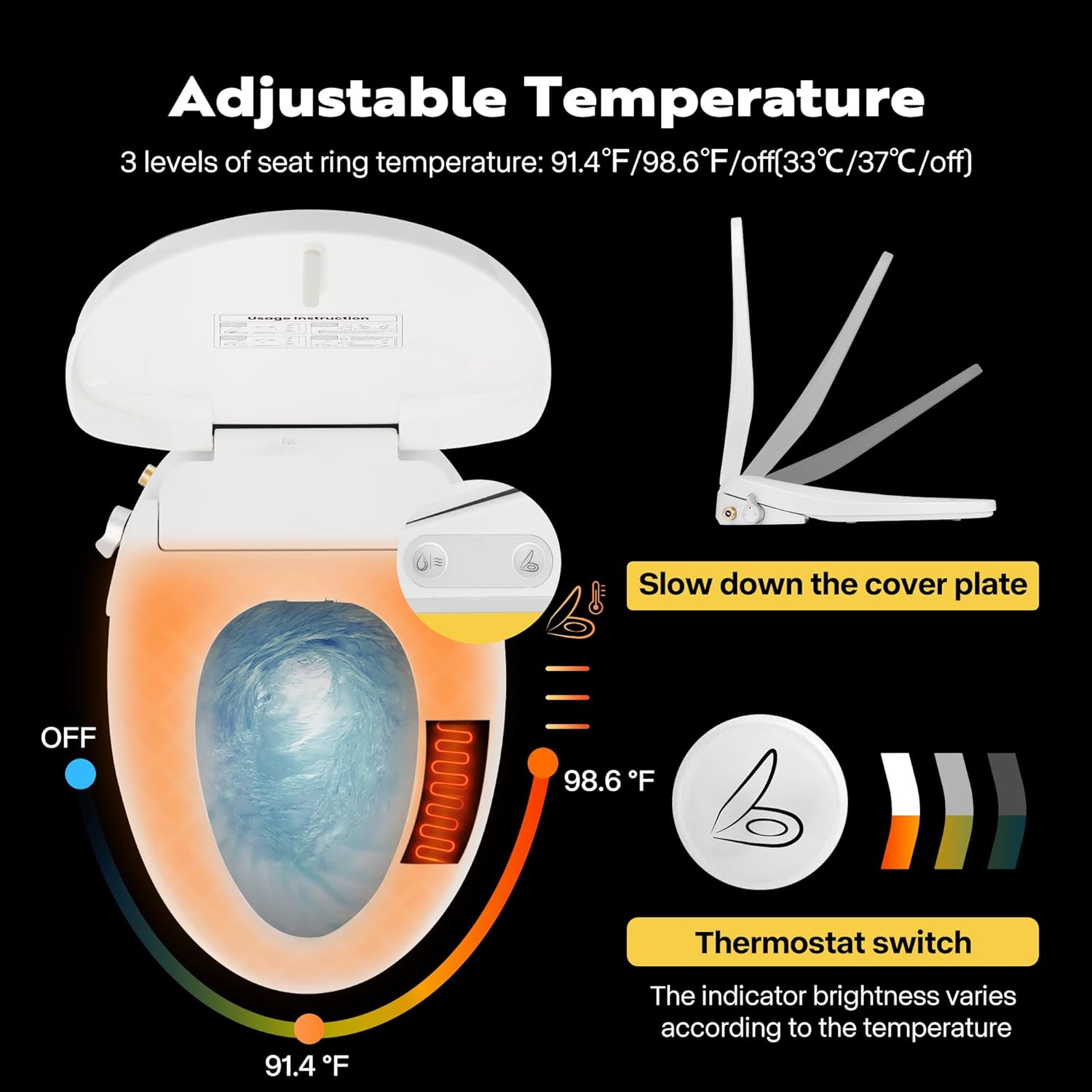 VIVOHOME Smart Heated Bidet Toilet Seat with Self-Cleaning Nozzle for Rear and Front Cleansing, Warm Air Dryer with Adjustable Temperature Settings, Soft Close Lid, Nightlight