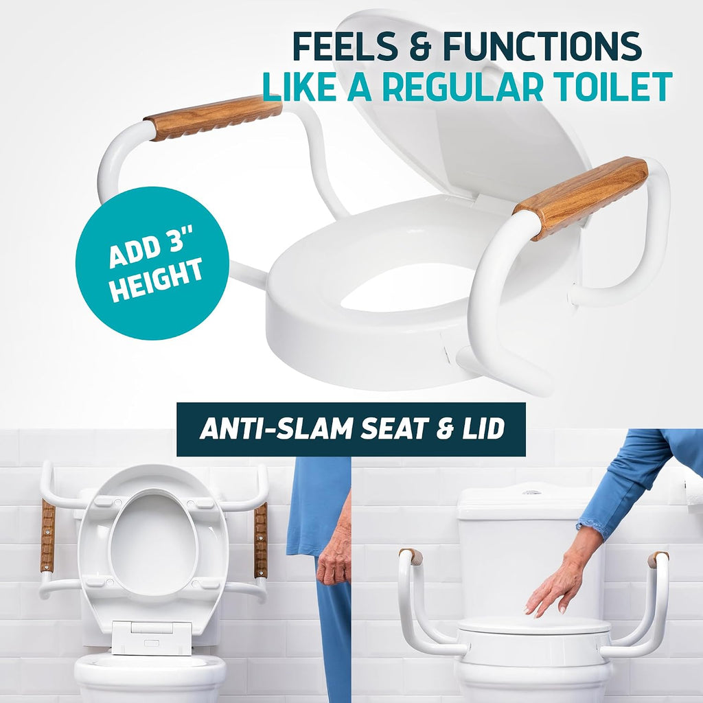 Lunderg Solva Raised Toilet Seat with Handles - Round - Easy to Install Toilet Seat Risers for Seniors - Adds 3 Inches & Works like the one you've always used - Elegant design - No Hospital Vibe