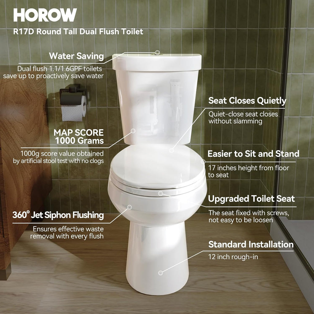 HOROW 17 Inch High Round Toilet with ADA Chair Height, Two Piece Toilet with 1.1/1.6 GPF Dual Flush, MAP 1000g, Extra Tall Bowl for Tall Person & Seniors, HR-R17D
