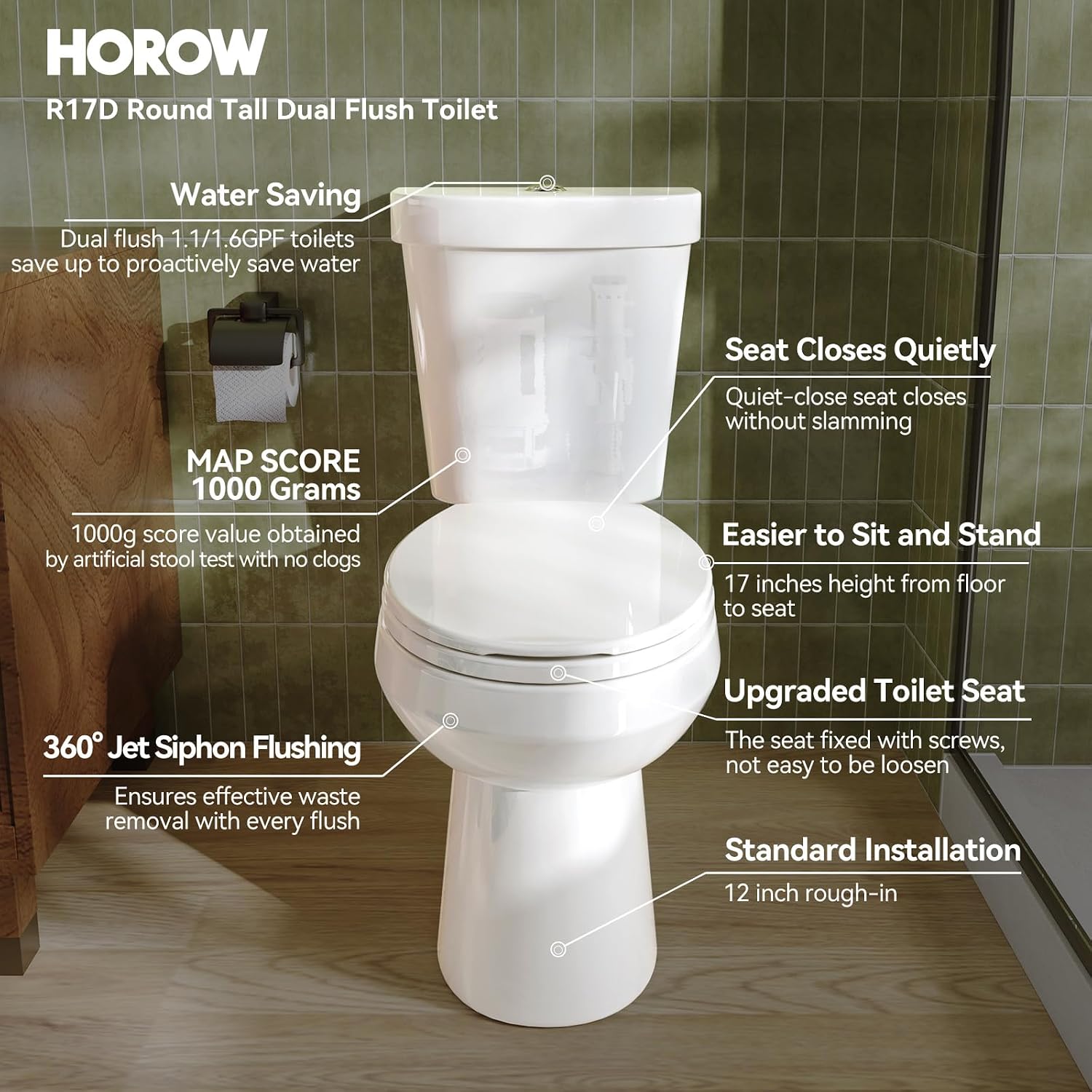 HOROW 17 Inch High Round Toilet with ADA Chair Height, Two Piece Toilet with 1.1/1.6 GPF Dual Flush, MAP 1000g, Extra Tall Bowl for Tall Person & Seniors, HR-R17D