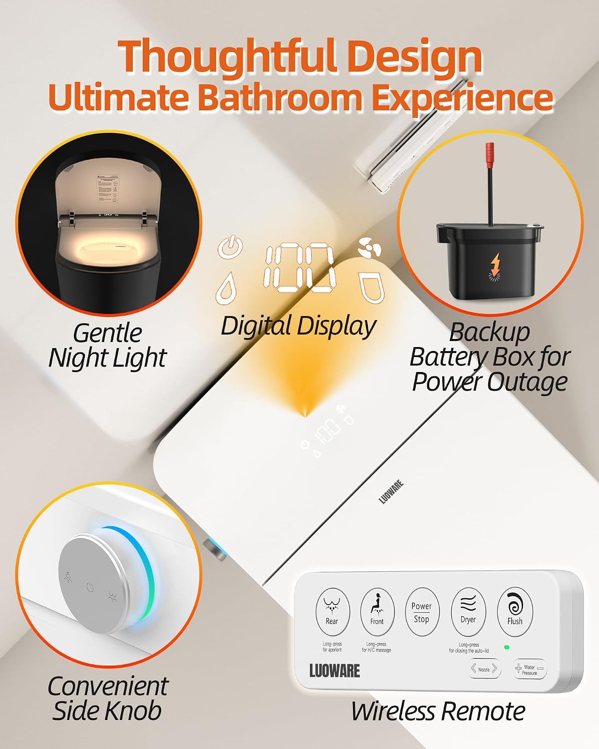 Smart Toilet with Bidet Built in, Luxury One Piece Elongated Bidet Toilet with Auto Close & Flush, Foot Sensor to Open/Close/Flush, Heated Seat, Massage Wash, Night Light, Remote Control