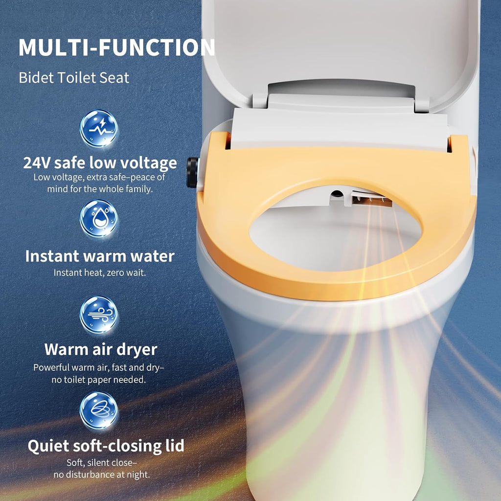 Smart Bidet Toilet Seat Elongated, Electric Heated Seat Instant Warm Water&Air Dryer, Soft Close Lid Night Light, Remote Control No Water Pressure Limit, Energy Saving Mode for Men Women Kids