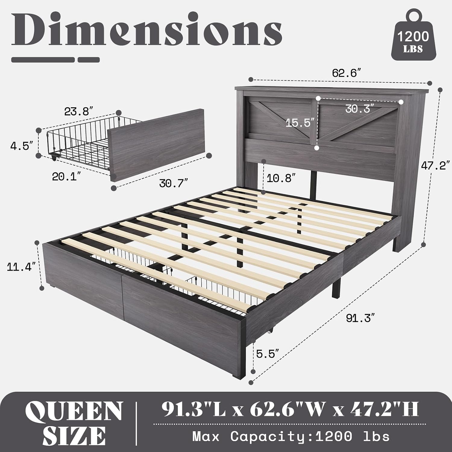 AMERLIFE 47.2' H Queen Bed Frame with Hidden Space Bookcase Headboard and Charging Station, Beds with 2 Storage Drawers and Wood Slats, No Box Spring Needed, Grey