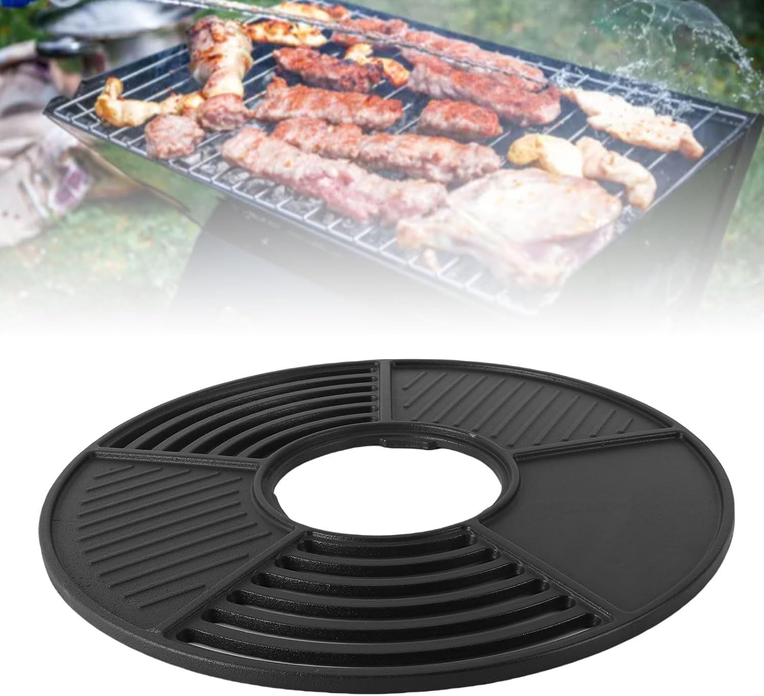Cast Iron Grill Plate 42cm Round Heavy Duty Non Stick Enamel Coating Grill Griddle for Indoor Outdoor Cooking BBQ Camping Picnics Backyard Parties
