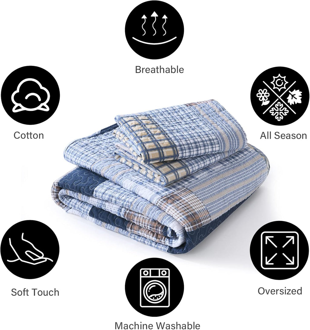 PANGUSHAN Quilt Set King Size, 100% Cotton Quilt Bedding Set Bedspreads, Patchwork Plaid Farmhouse Reversible Lightweight Comforter Bed Spread for King Bed, Blue, 3 Pieces