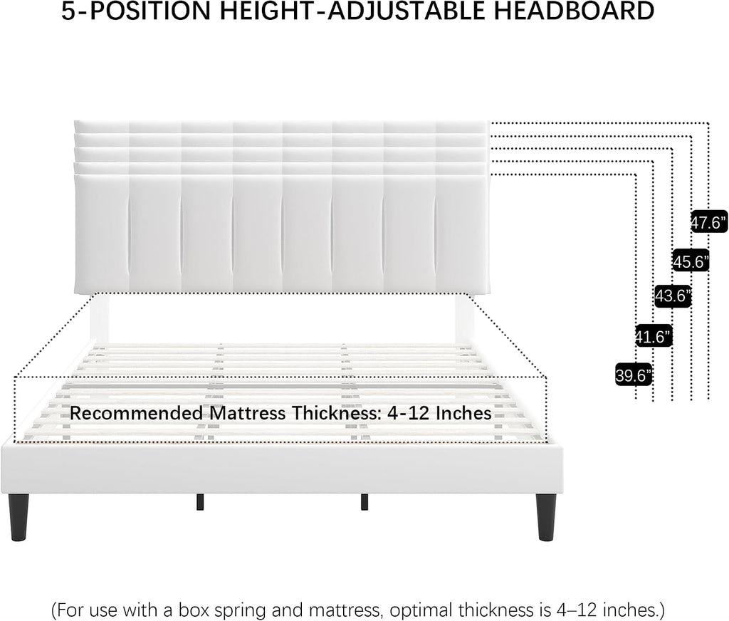 VECELO King Size Bed Frame with Upholstered Headboard, Heavy-Duty Bedframe with Strong Wooden Slats Support, No Boxing Spring Needed, Pure White