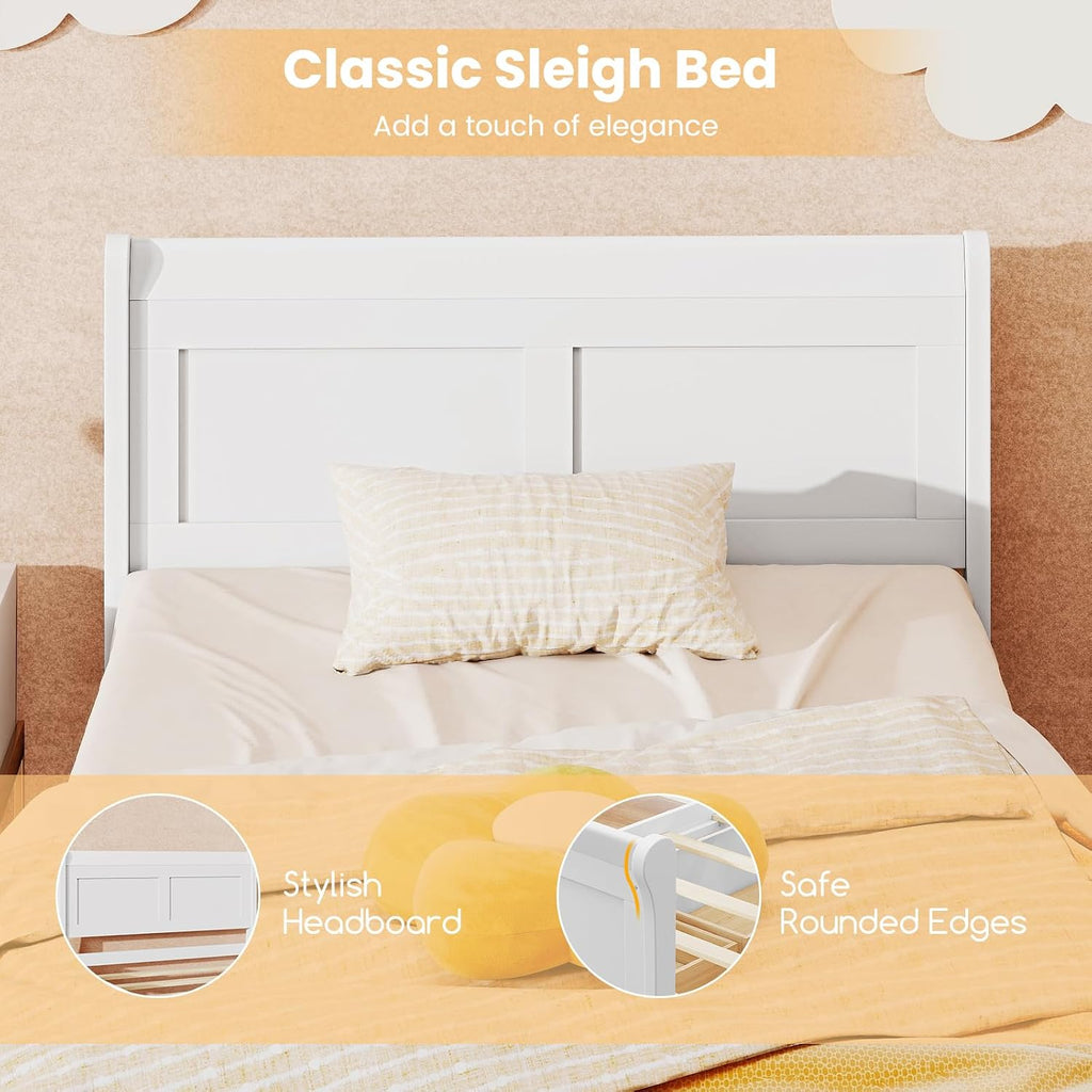 KOMFOTT 2 Twin Bed with 2 Drawers, Twin Storage Bed with Headboard for Bedroom, Sleigh Wood Bed Frame with Wooden Slats Support for Kids, Teens, Adults, No Box Spring Needed (White)