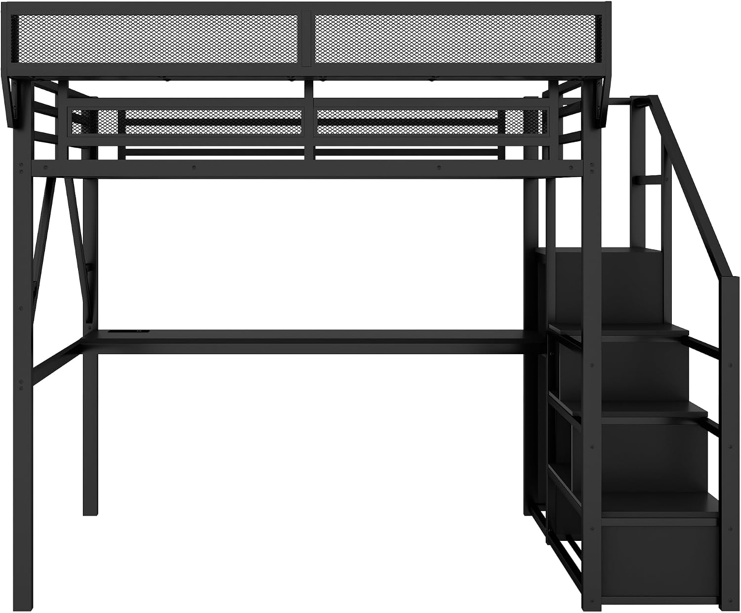 Mirightone Full Size Loft Bed with Desk and Light, Metal Loft Bed Frame with Stairs and Bedside Shelf, Tall Lofts Beds with Storage Shelves and Wardrobe for Kids Teens, Black
