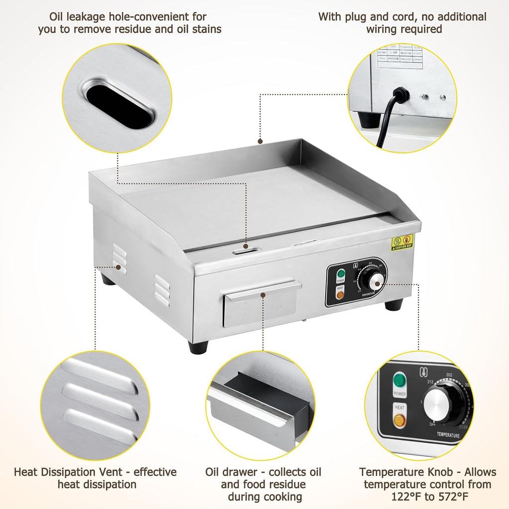 GarveeTech Commercial Electric Griddle, 22' Teppanyaki Grill, 1600W Electric Flat Top Grill, Stainless Steel Electric Countertop Griddle, 122°F-572°F Countertop Griddle for Pancake, Chicken (w/PLUG)