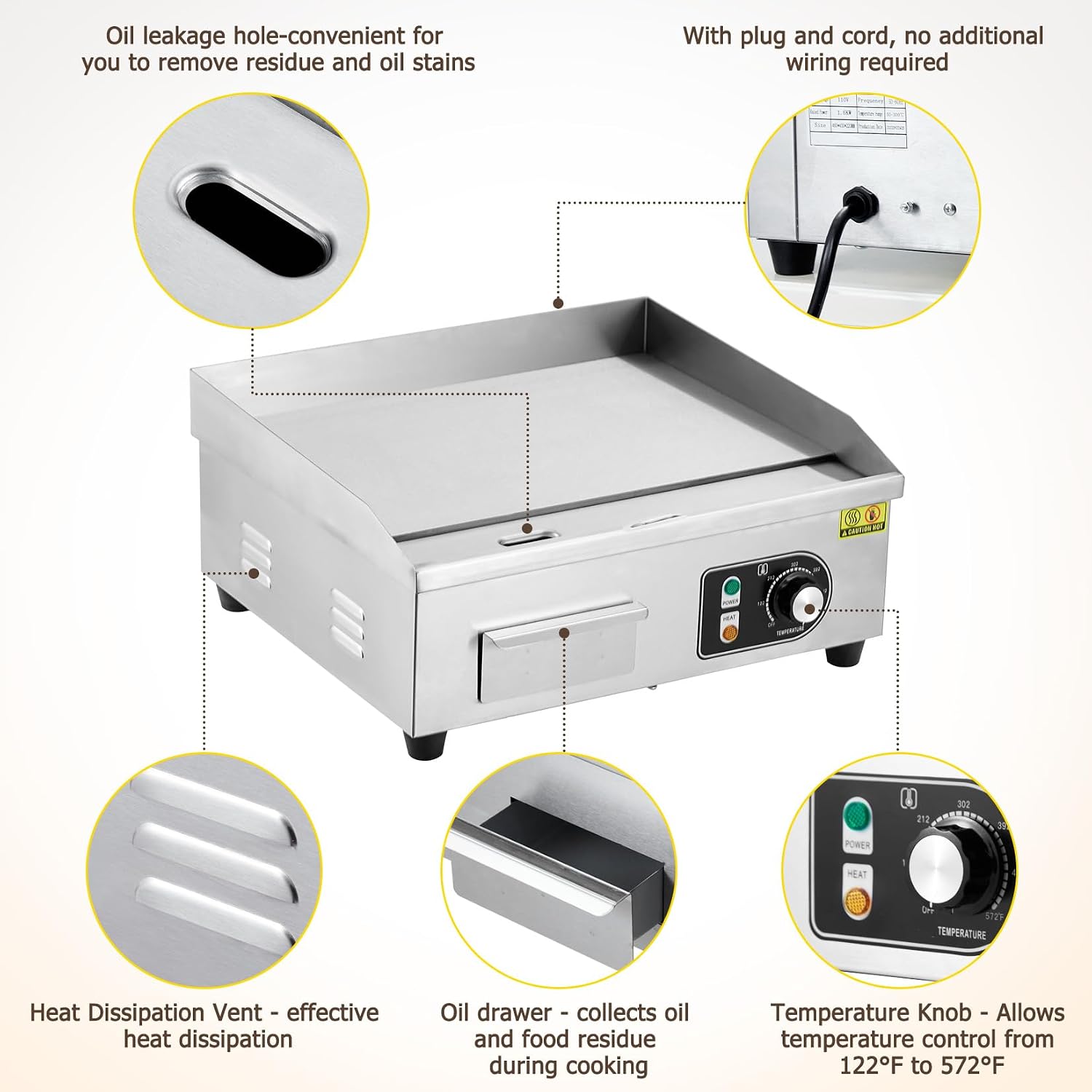 18' Commercial Electric Griddle with Plug, 1500W Stainless Steel Griddle with Adjustable Temp 122-572°F, 2 Shovels & Brushes - Half Flat Top Grill for Indoor/Outdoor Cooking (Plug Included)