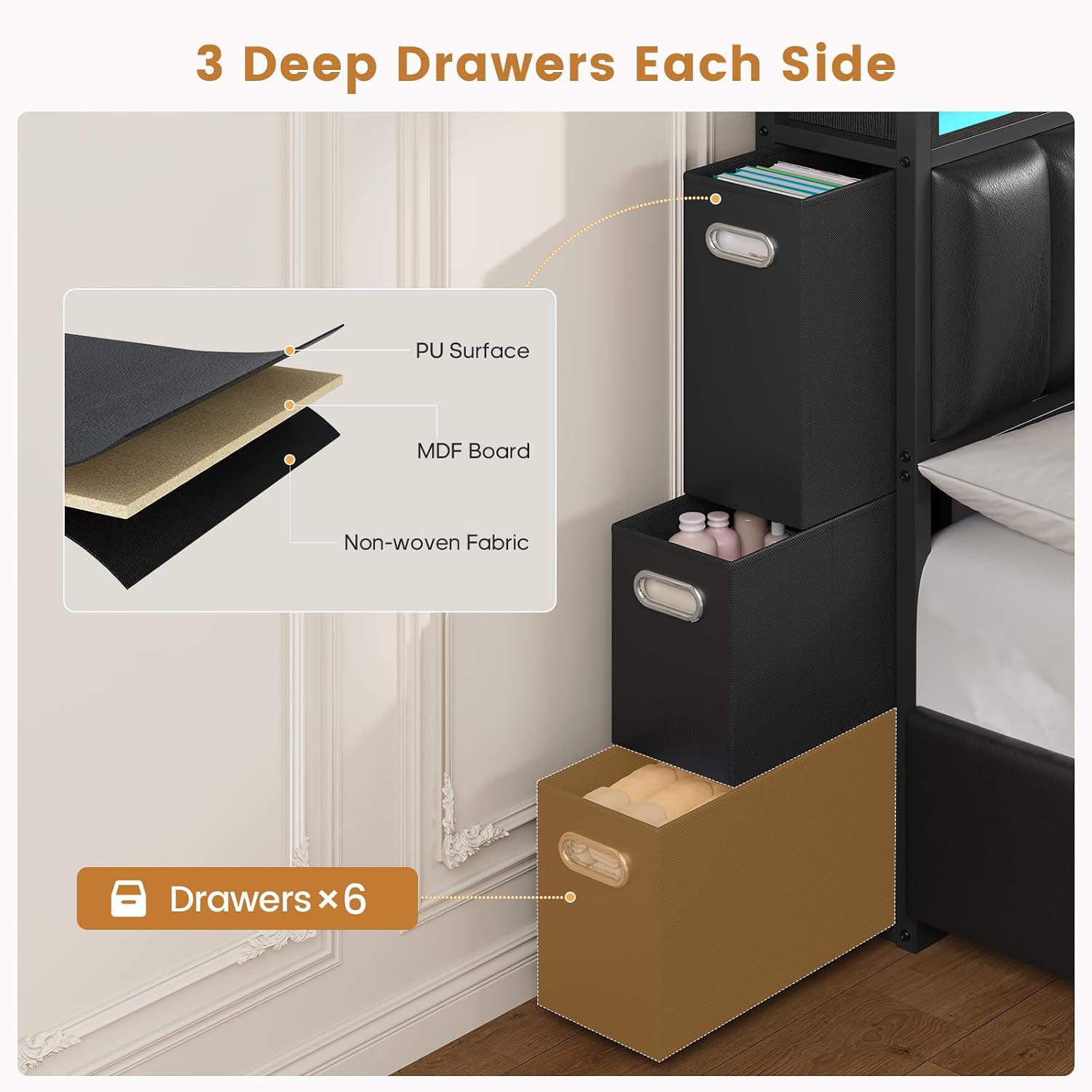 ADORNEVE King Size Bed Frame with 10 Storage Drawers & RGB Bookcase Headboard, PU Upholstered King Bed with Charging Station, Heavy Duty Metal Slats, No Box Spring Needed, Black